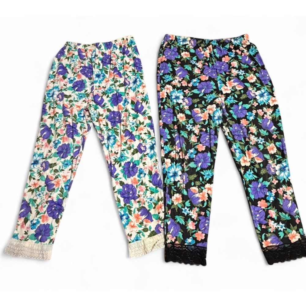 Vintage Floral Lace Trim Leggings Lot‎ 2 Pair Women's Large Cottagecore